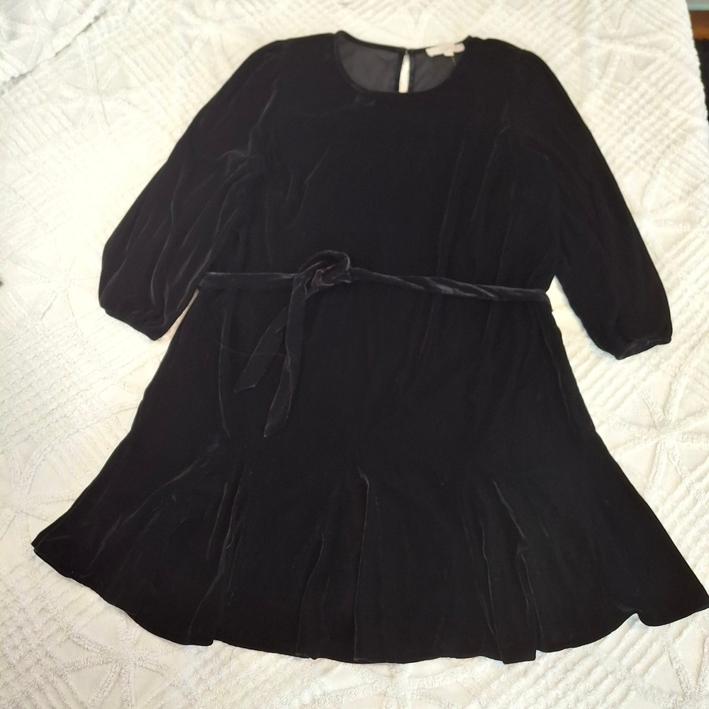 LOFT Womens XXL Tall Velvet Godet Mini Dress Black 3/4 Puff Sleeve Tie Belt NWT
